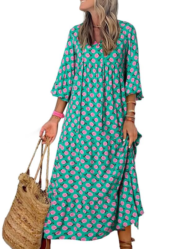 Boho Floral Puff Sleeve Maxi Dress Ruffled Hem