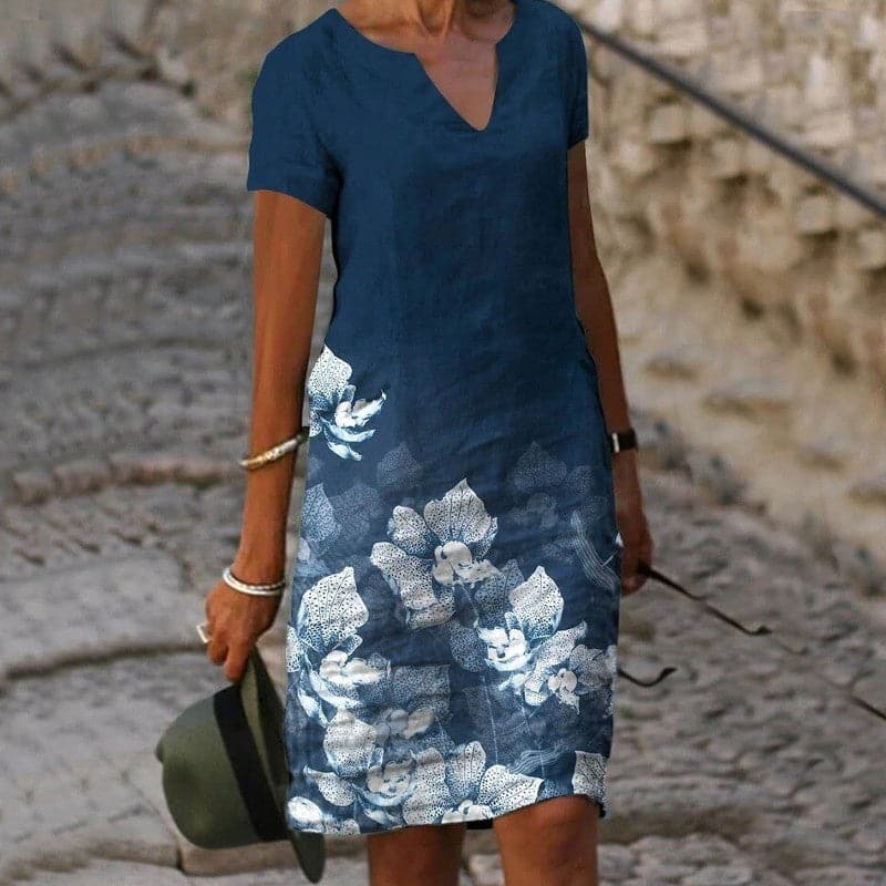Linen Midi Dress Short Sleeve V-Neck Casual