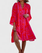 Boho Floral Bell Sleeve Midi Dress V-Neck Summer