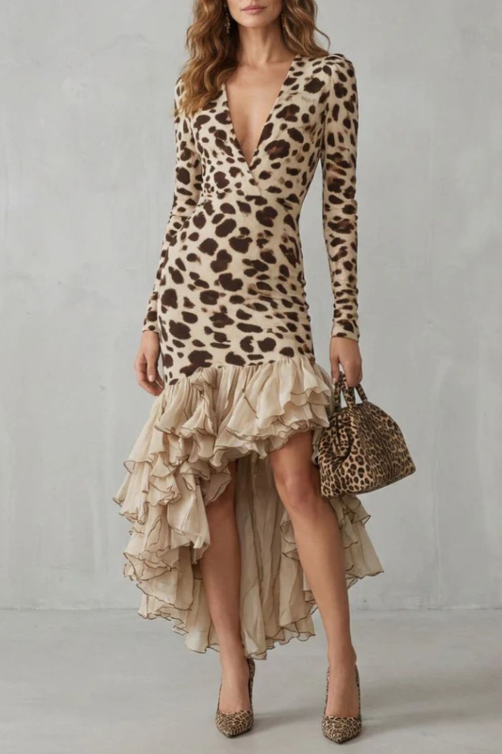 V Neck Long Sleeve Leopard Print Midi Dress