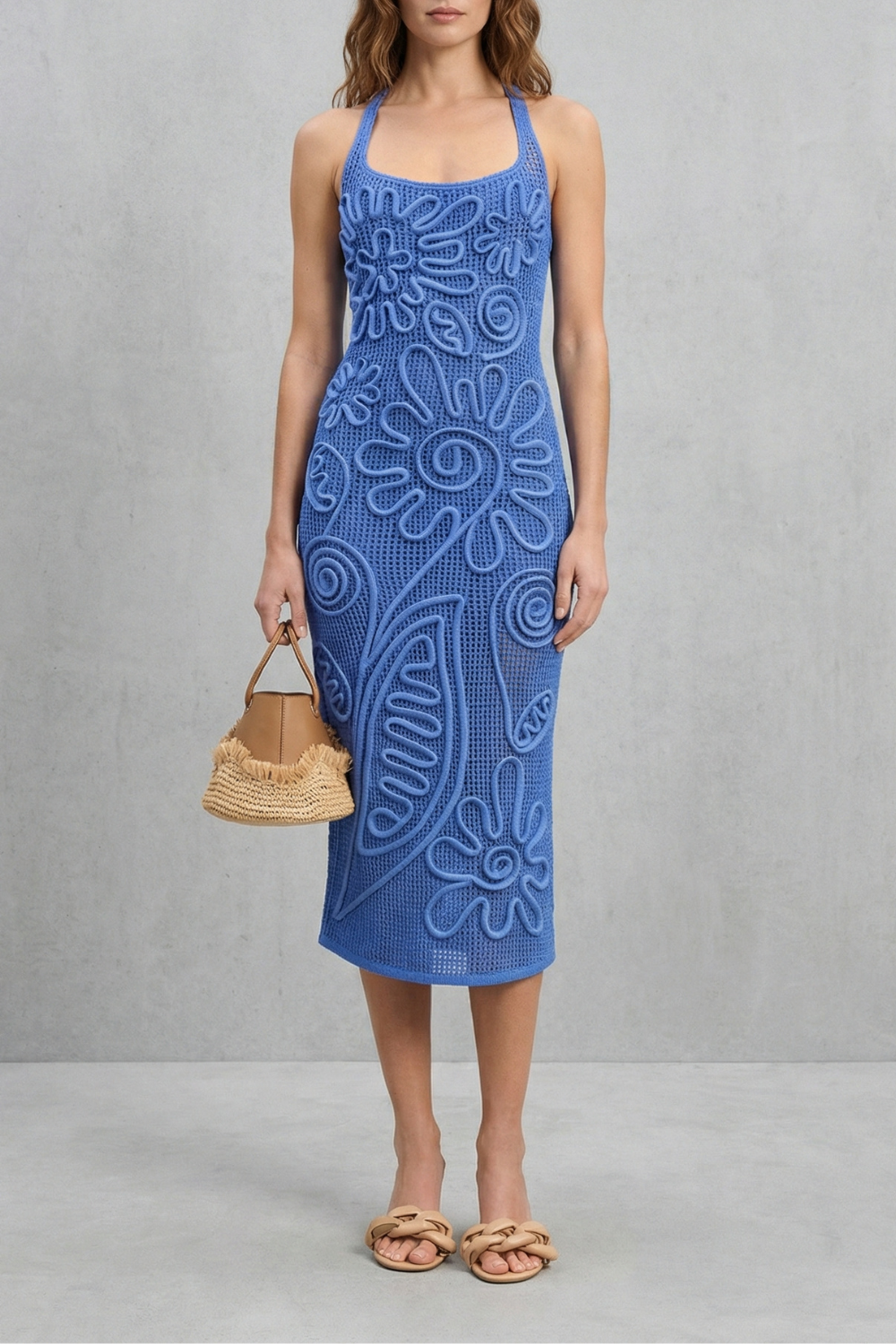 Floral Square Neck Textured Midi Dress