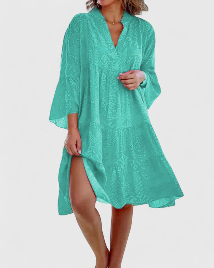 Boho Floral Bell Sleeve Midi Dress V-Neck Summer