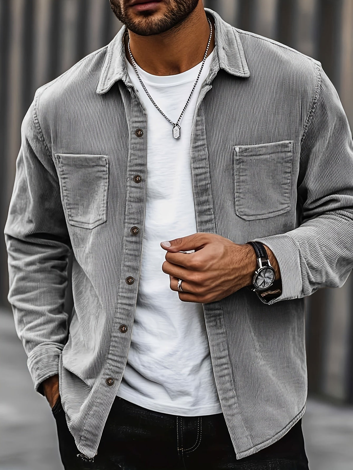 Men's Shirt Jacket Buttons Pockets Textured Transitional