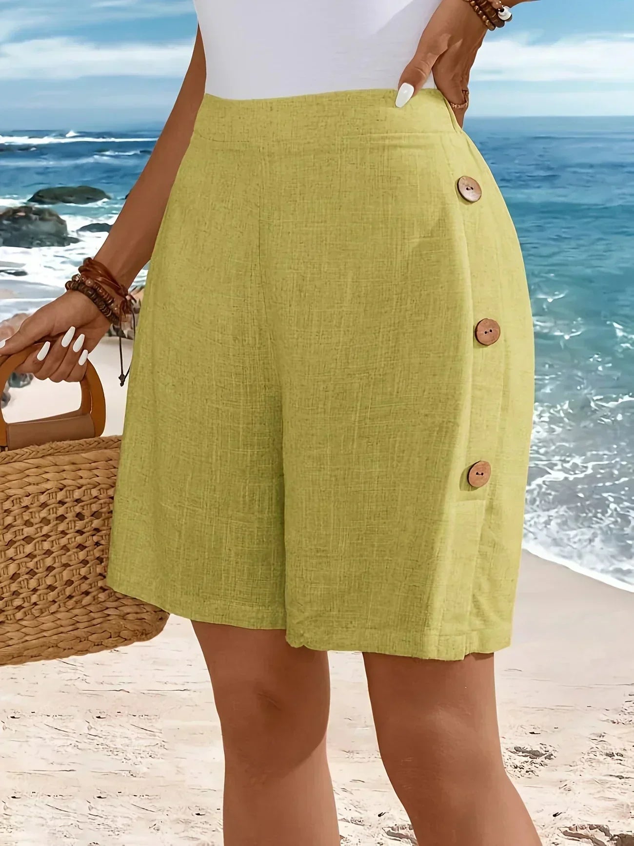 Relaxed Fit Shorts Button Side Elasticated Waist