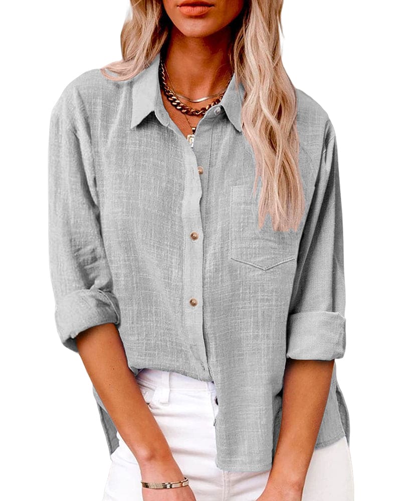 Cotton Linen Blouse Button-Up Breathable Casual