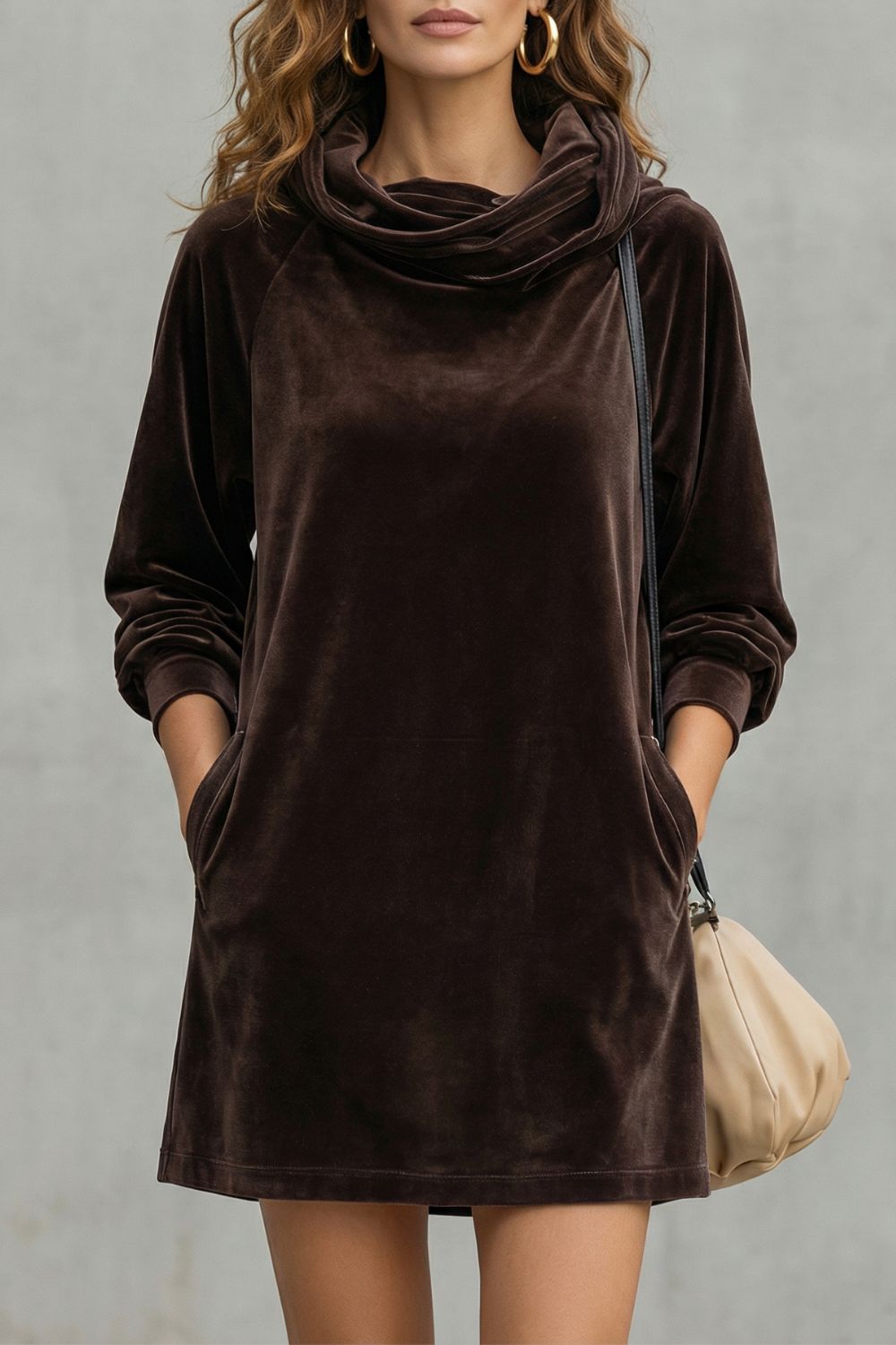 Relaxed Fit Velvet Cowl Neck Mini Dress