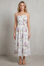 Square Neck Floral Midi Dress