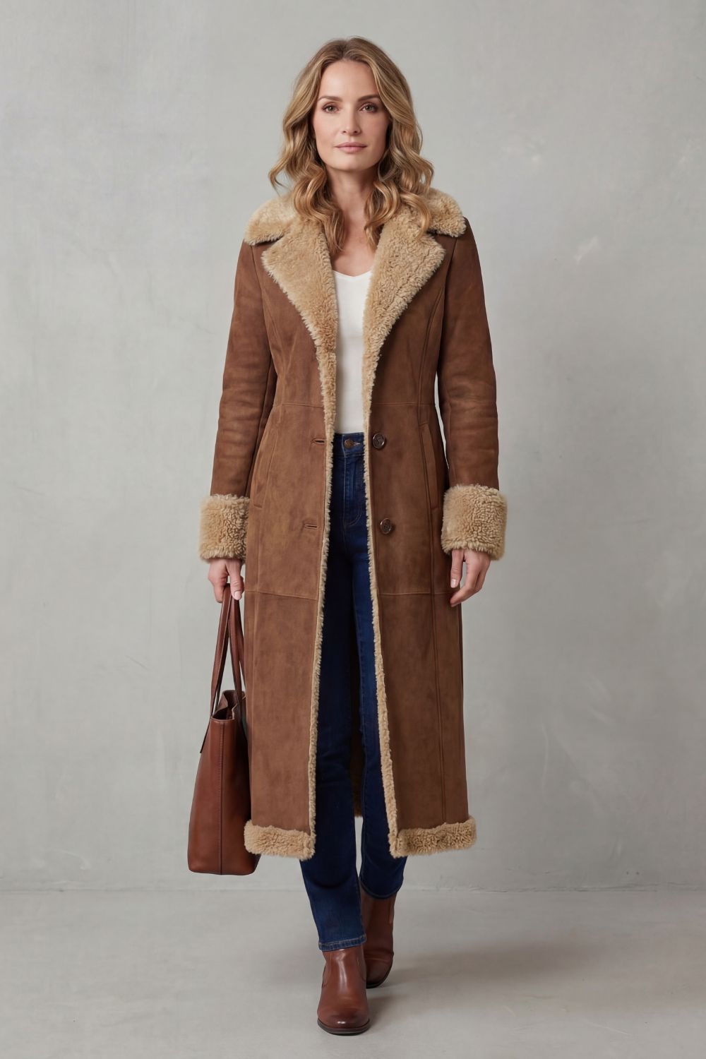 Suede Button Front Long Winter Coat
