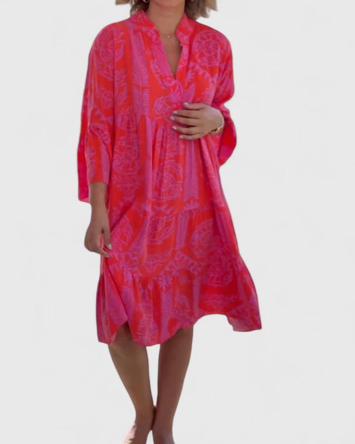 Boho Floral Bell Sleeve Midi Dress V-Neck Summer
