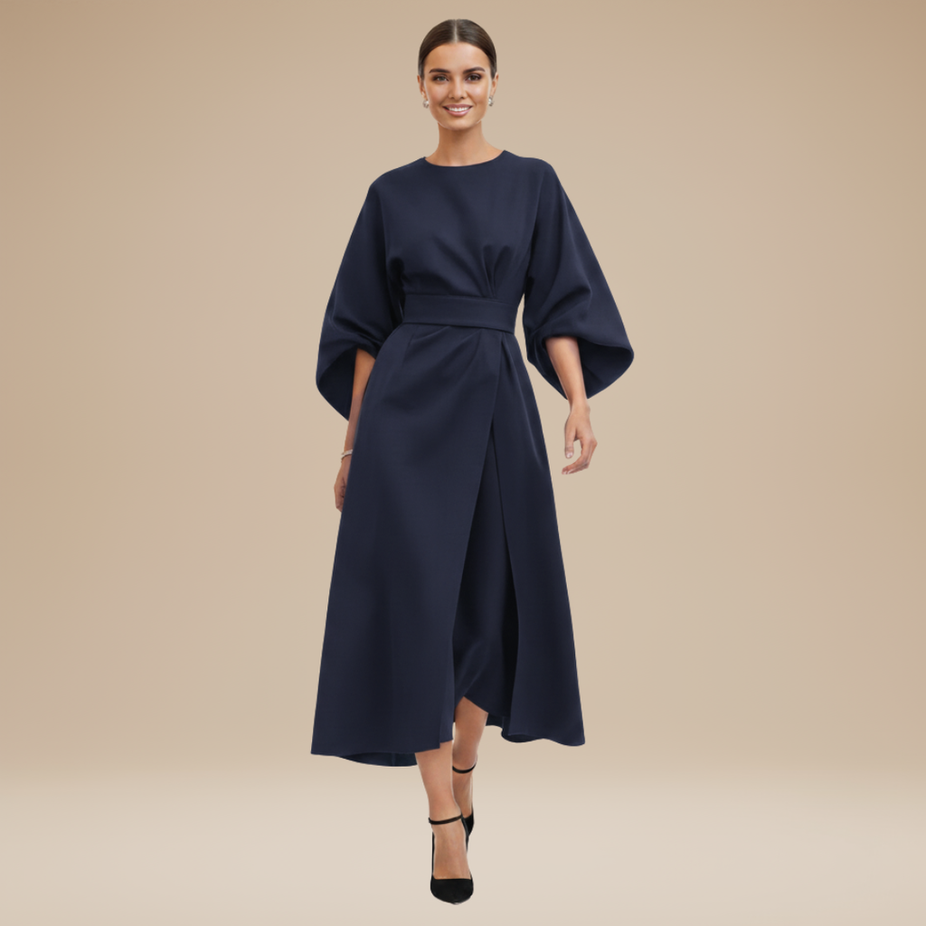 Belted Wide Sleeve Wrap Midi Dress Elegant