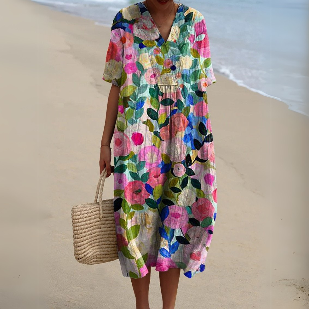 Floral Midi Dress Short Sleeve V-Neck Relaxed Fit