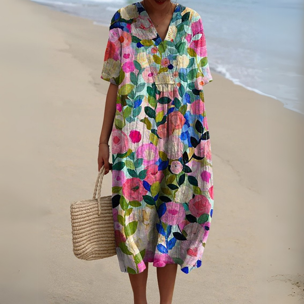 Floral Midi Dress Short Sleeve V-Neck Relaxed Fit