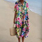 Floral Midi Dress Short Sleeve V-Neck Relaxed Fit