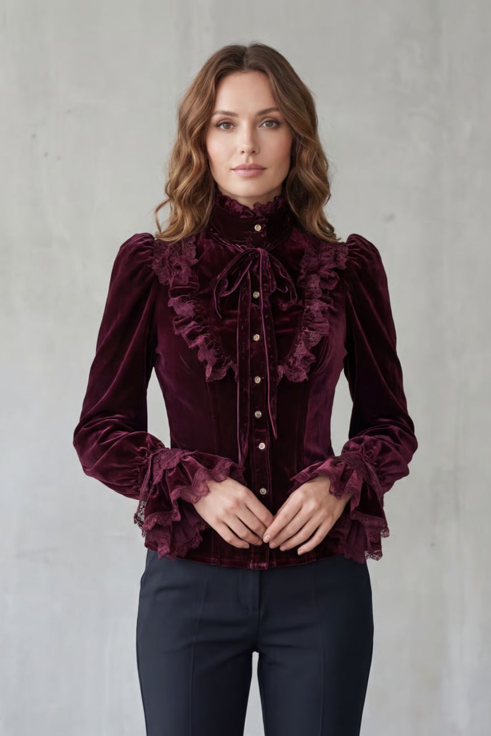 High Neck Velvet Victorian Blouse