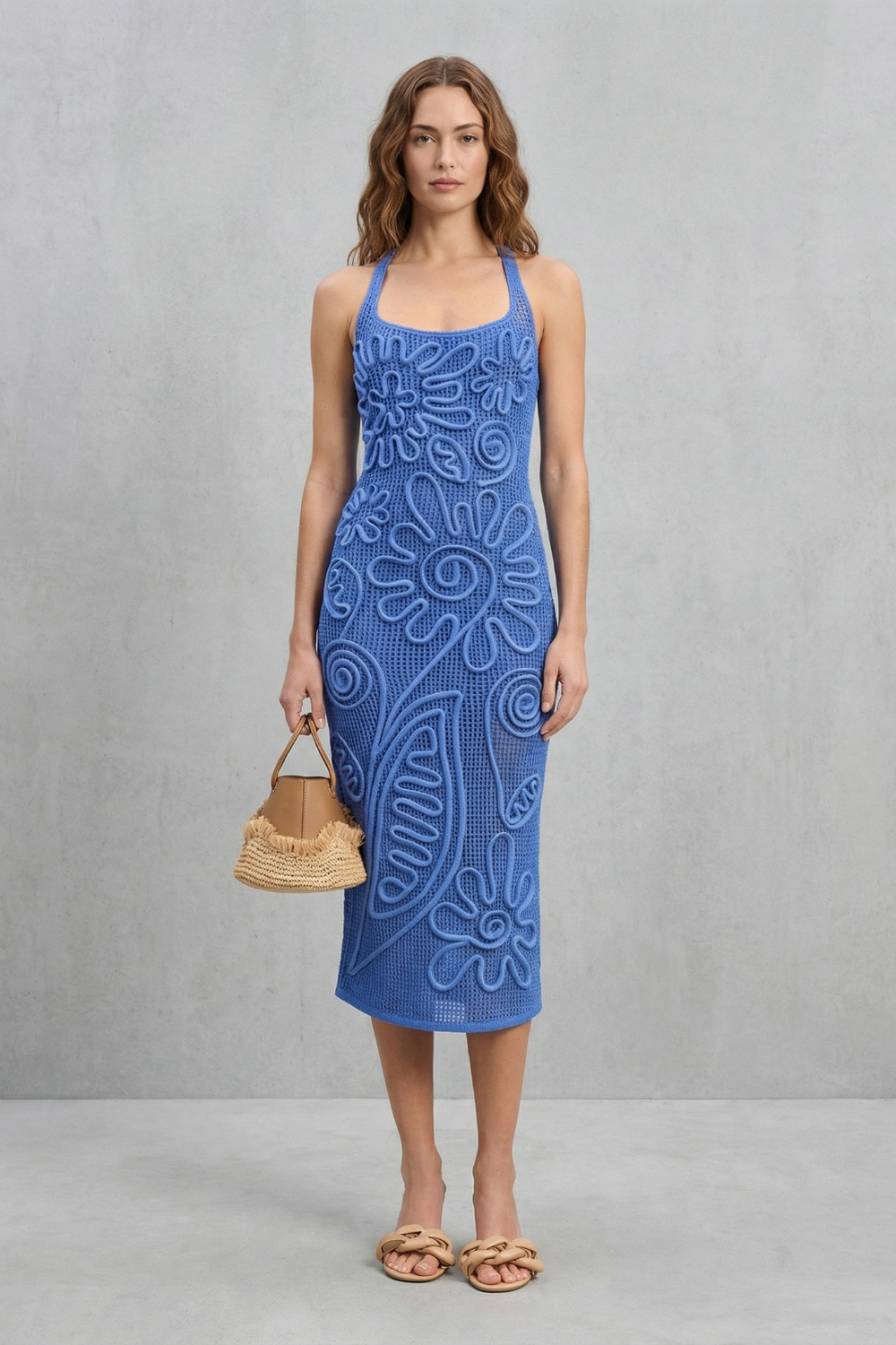 Floral Square Neck Textured Midi Dress