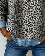 Women's Jumper Patchwork Leopard Print Denim Look Knit