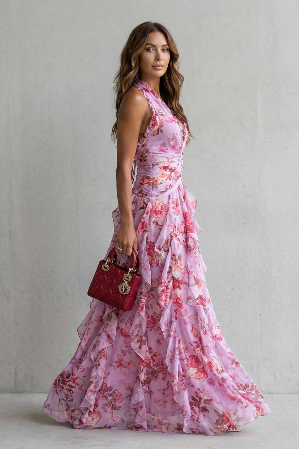 Floral Ruffle Halter Maxi Dress
