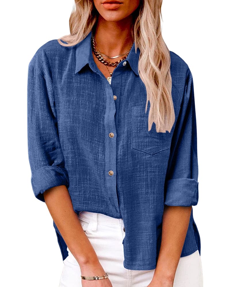 Cotton Linen Blouse Button-Up Breathable Casual