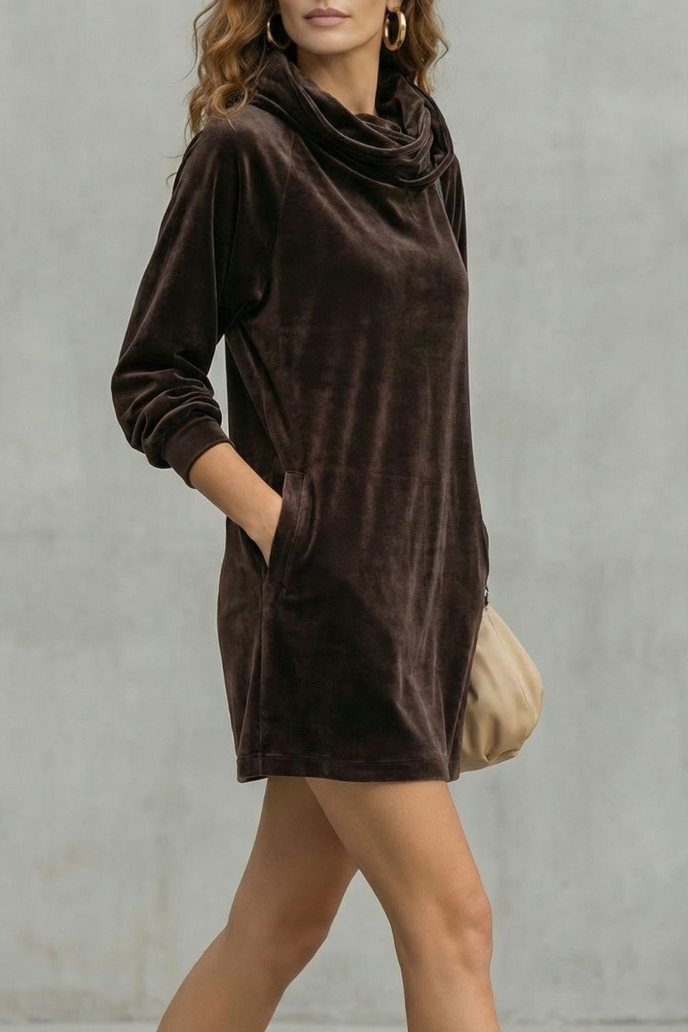 Relaxed Fit Velvet Cowl Neck Mini Dress