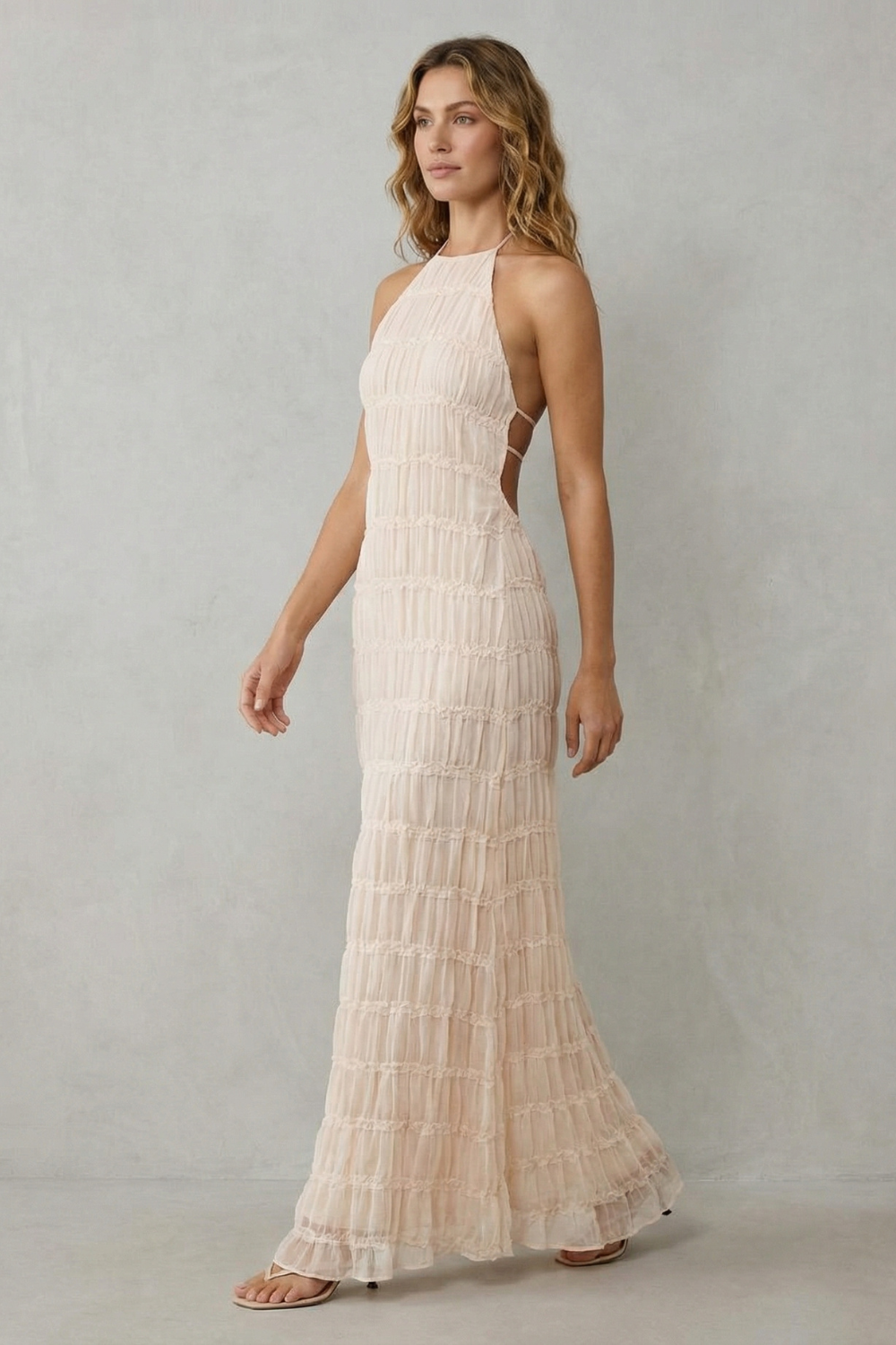 Halter Floor Length Women’s Backless Sculpted Texture Maxi Dress