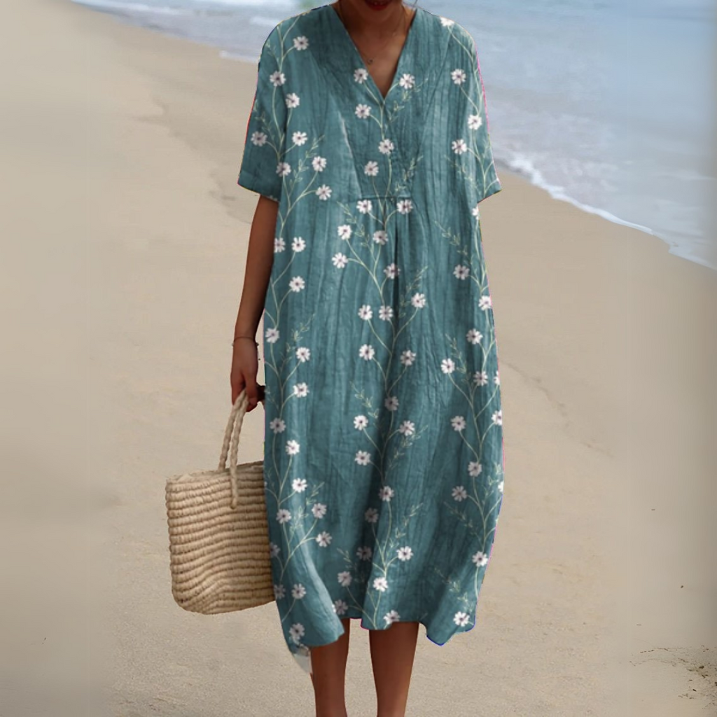 Floral Midi Dress Short Sleeve V-Neck Relaxed Fit