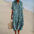 Floral Midi Dress Short Sleeve V-Neck Relaxed Fit