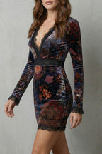 Floral V Neck Velvet Mini Dress