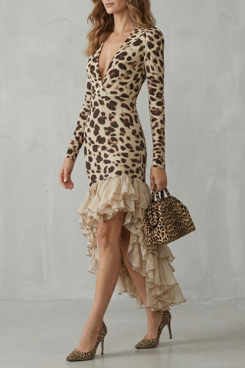 V Neck Long Sleeve Leopard Print Midi Dress
