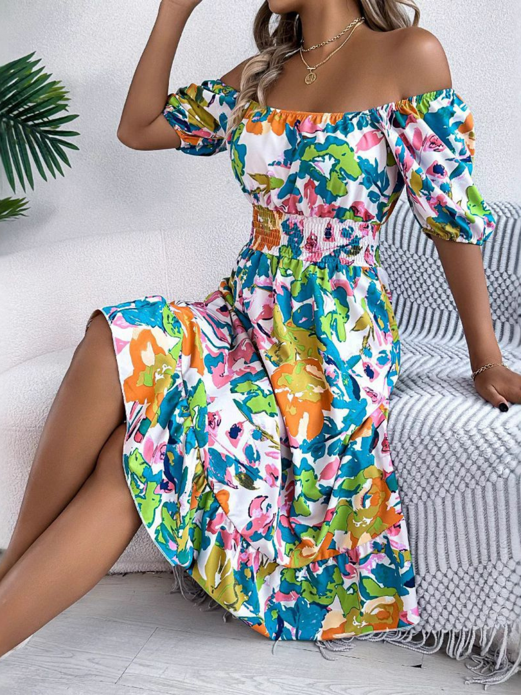 Boho Off-Shoulder Midi Dress Floral Print Casual