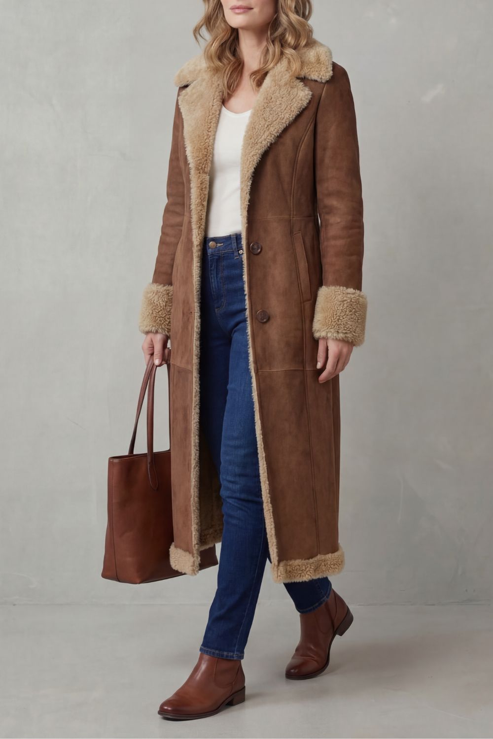 Suede Button Front Long Winter Coat