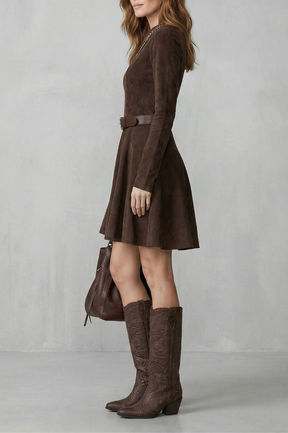 High Neck Long Sleeve Mini Dress (belt Included)