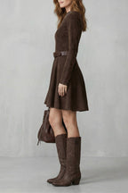 High Neck Long Sleeve Mini Dress (belt Included)