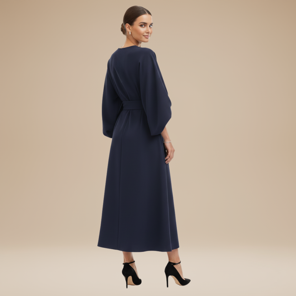 Belted Wide Sleeve Wrap Midi Dress Elegant