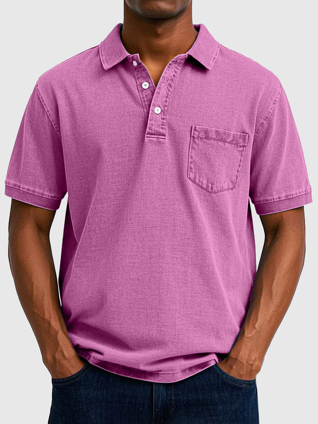 Mens Polo Shirt Cotton Denim Short Sleeve Chest Pocket