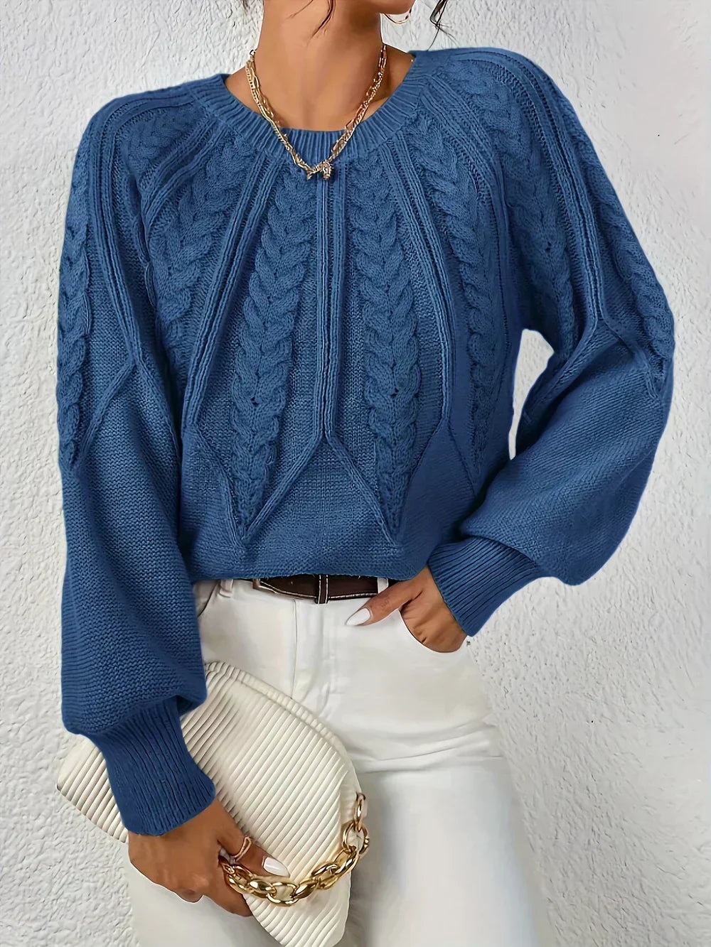 Cable Knit Jumper Relaxed Fit Round Neck Long Sleeve Winter