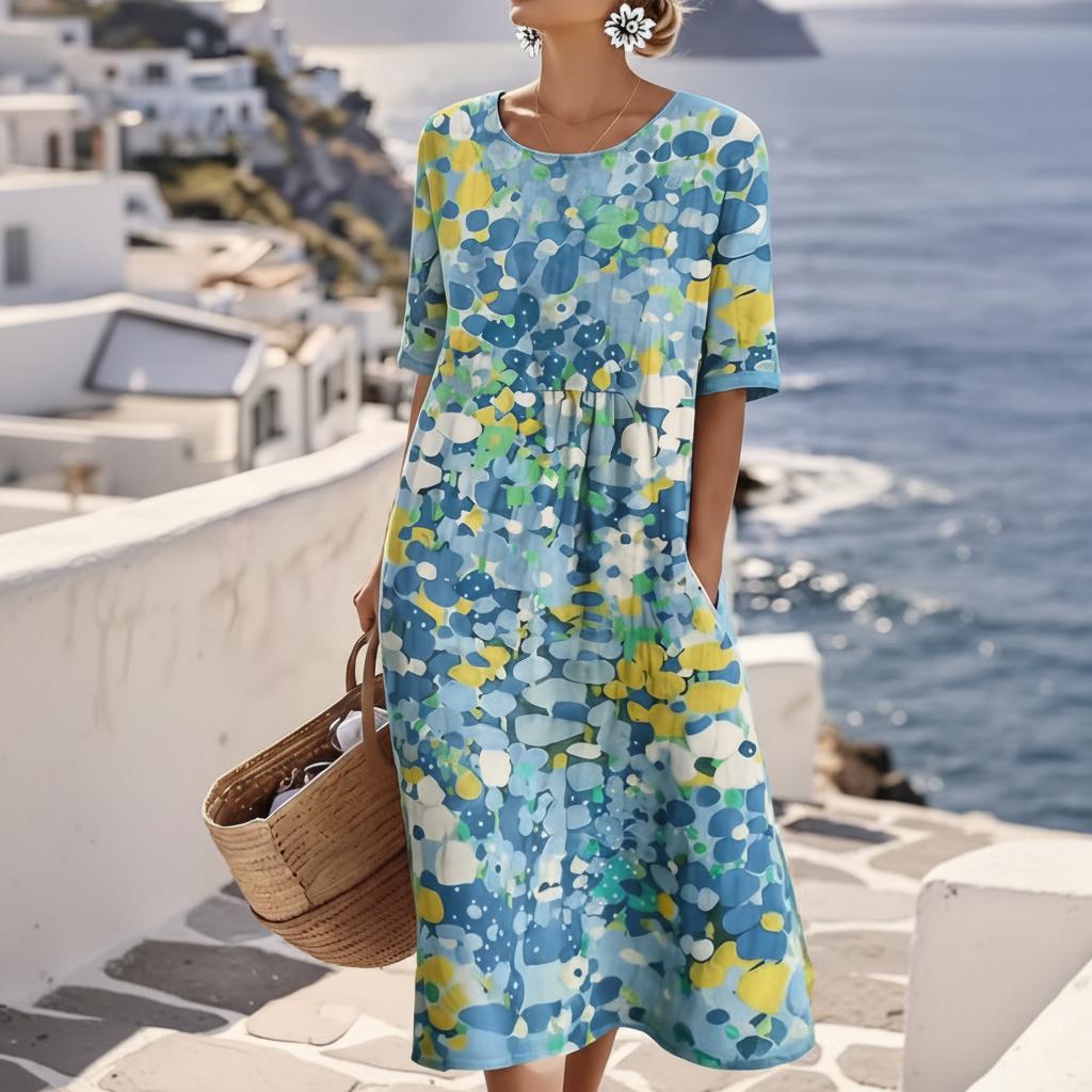 Abstract Floral Midi Dress Short Sleeve Wedding Guest