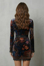 Floral V Neck Velvet Mini Dress