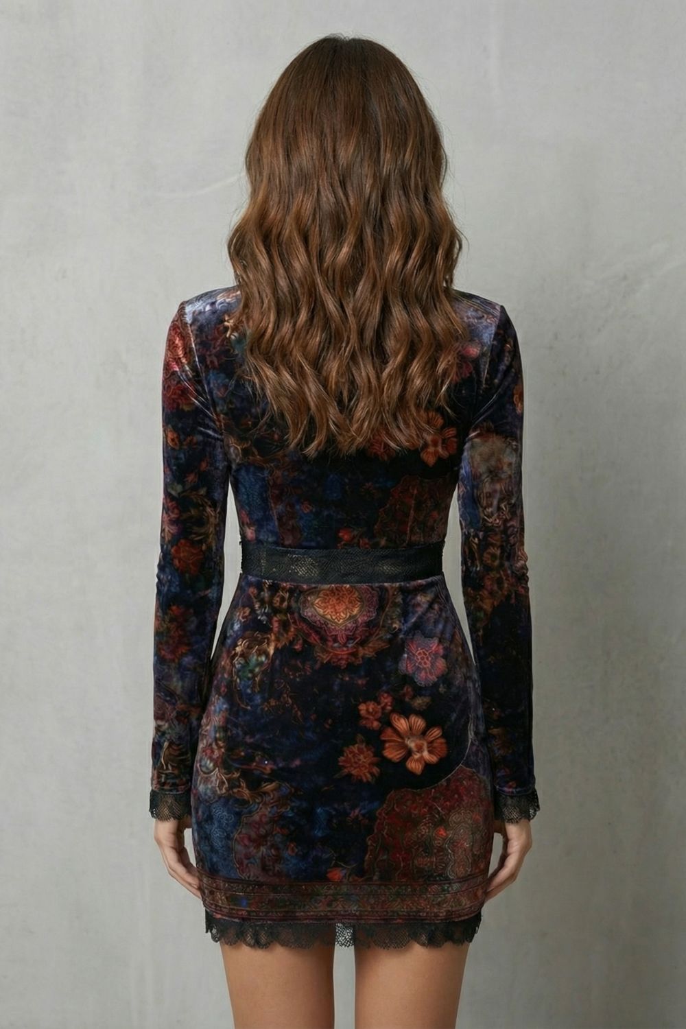 Floral V Neck Velvet Mini Dress