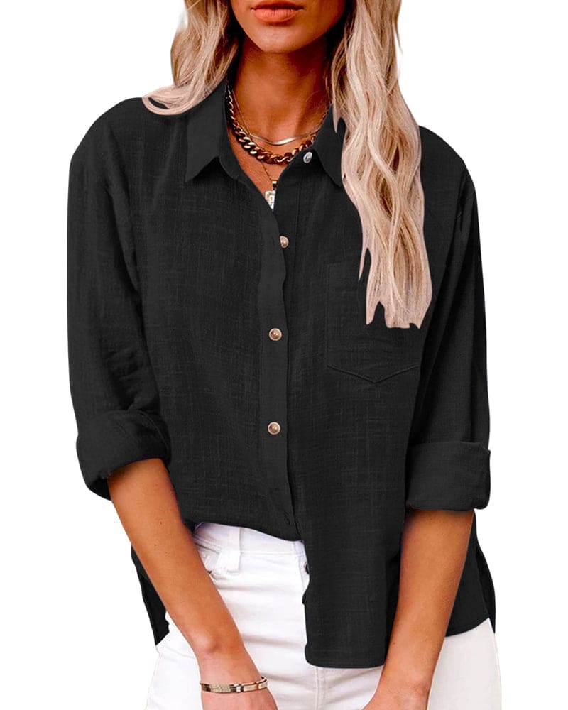 Cotton Linen Blouse Button-Up Breathable Casual