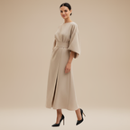 Belted Wide Sleeve Wrap Midi Dress Elegant