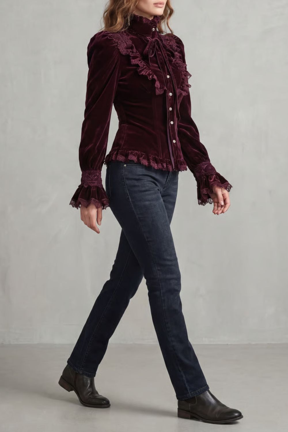 High Neck Velvet Victorian Blouse