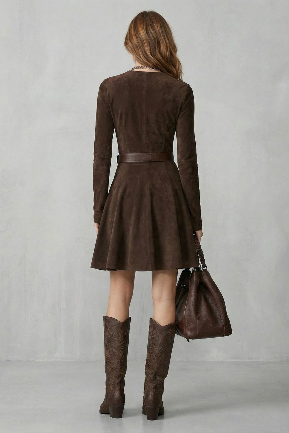 High Neck Long Sleeve Mini Dress (belt Included)
