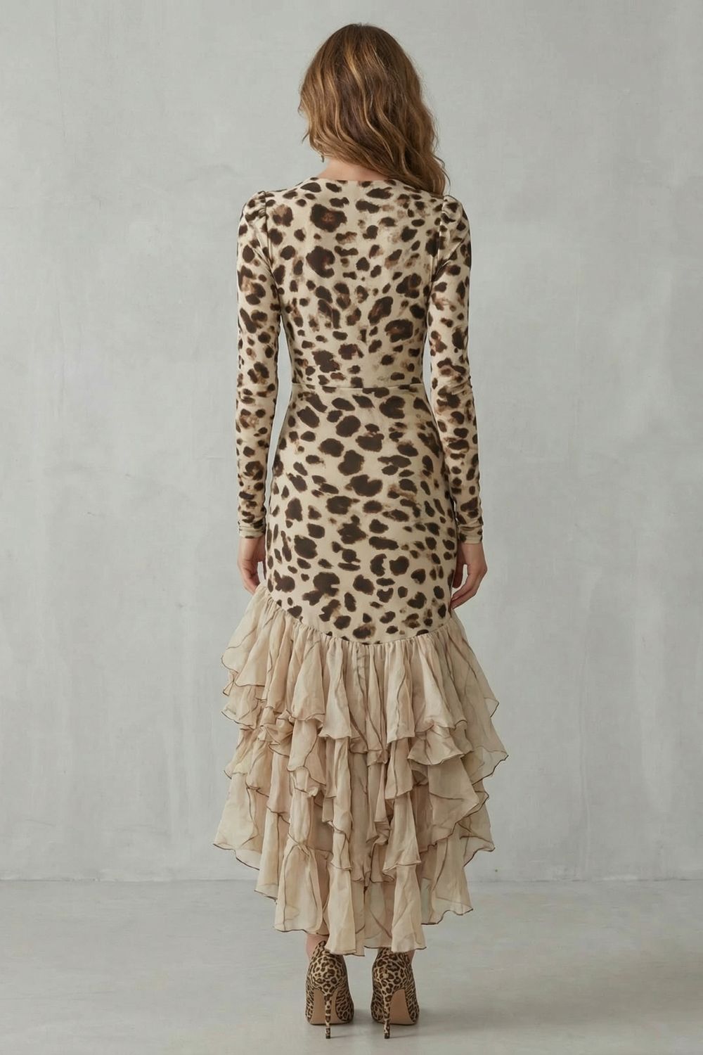 V Neck Long Sleeve Leopard Print Midi Dress