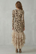 V Neck Long Sleeve Leopard Print Midi Dress