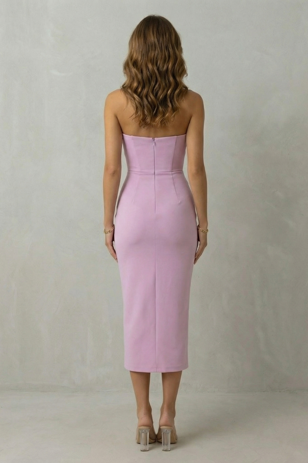 Strapless Zip Draped Sleeveless Midi Dress
