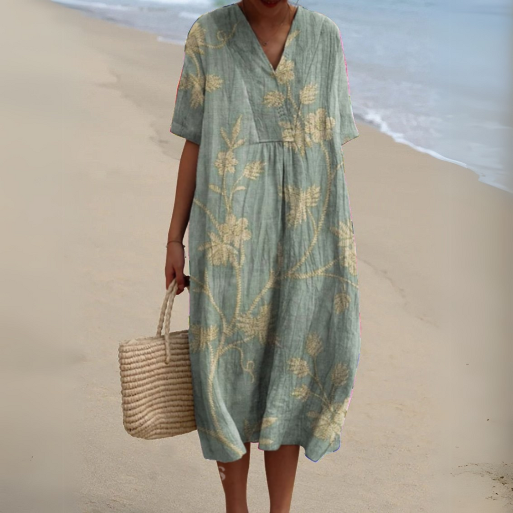 Floral Midi Dress Short Sleeve V-Neck Relaxed Fit