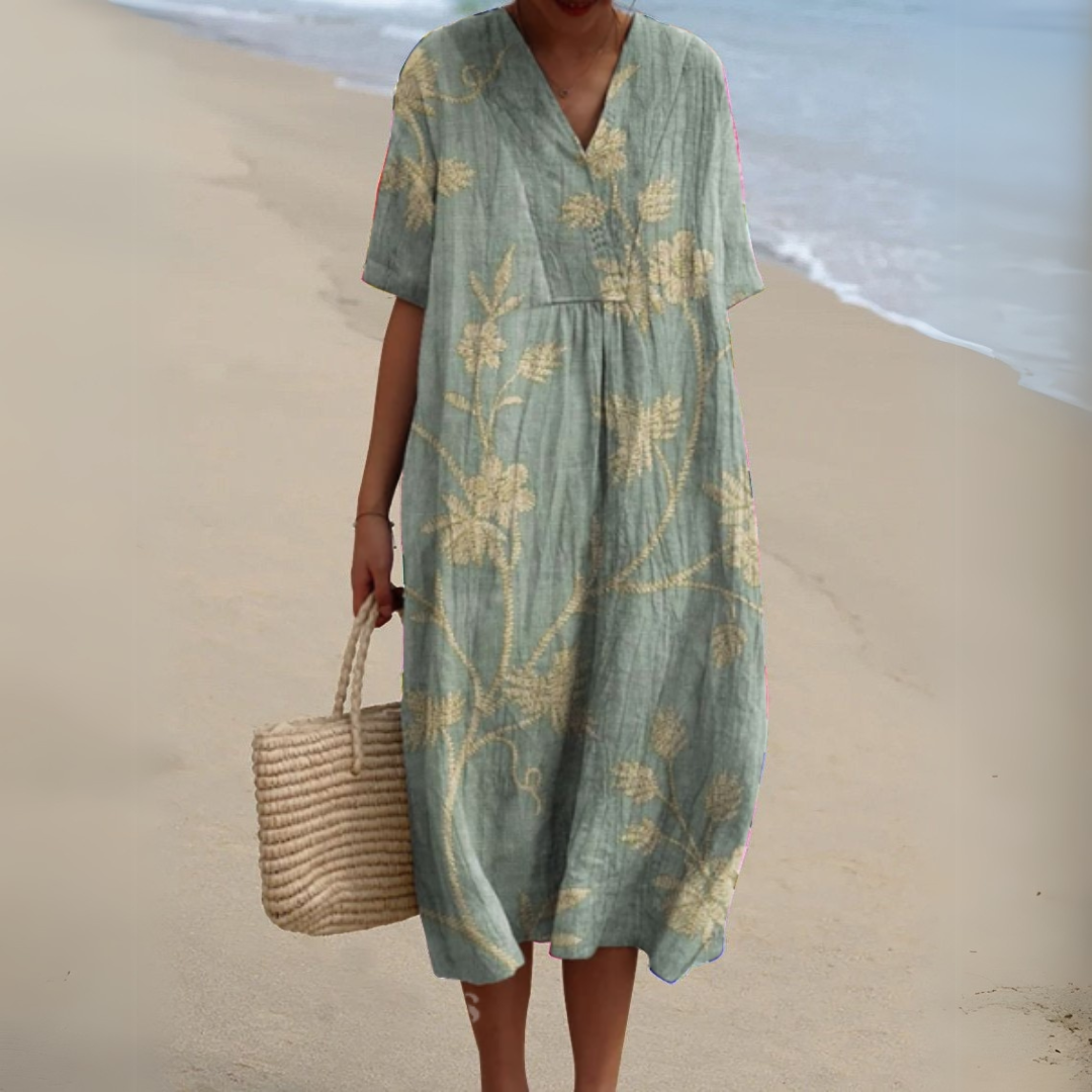 Floral Midi Dress Short Sleeve V-Neck Relaxed Fit