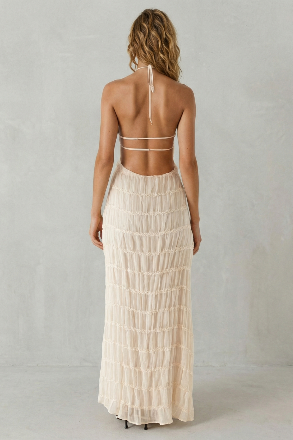 Halter Floor Length Women’s Backless Sculpted Texture Maxi Dress