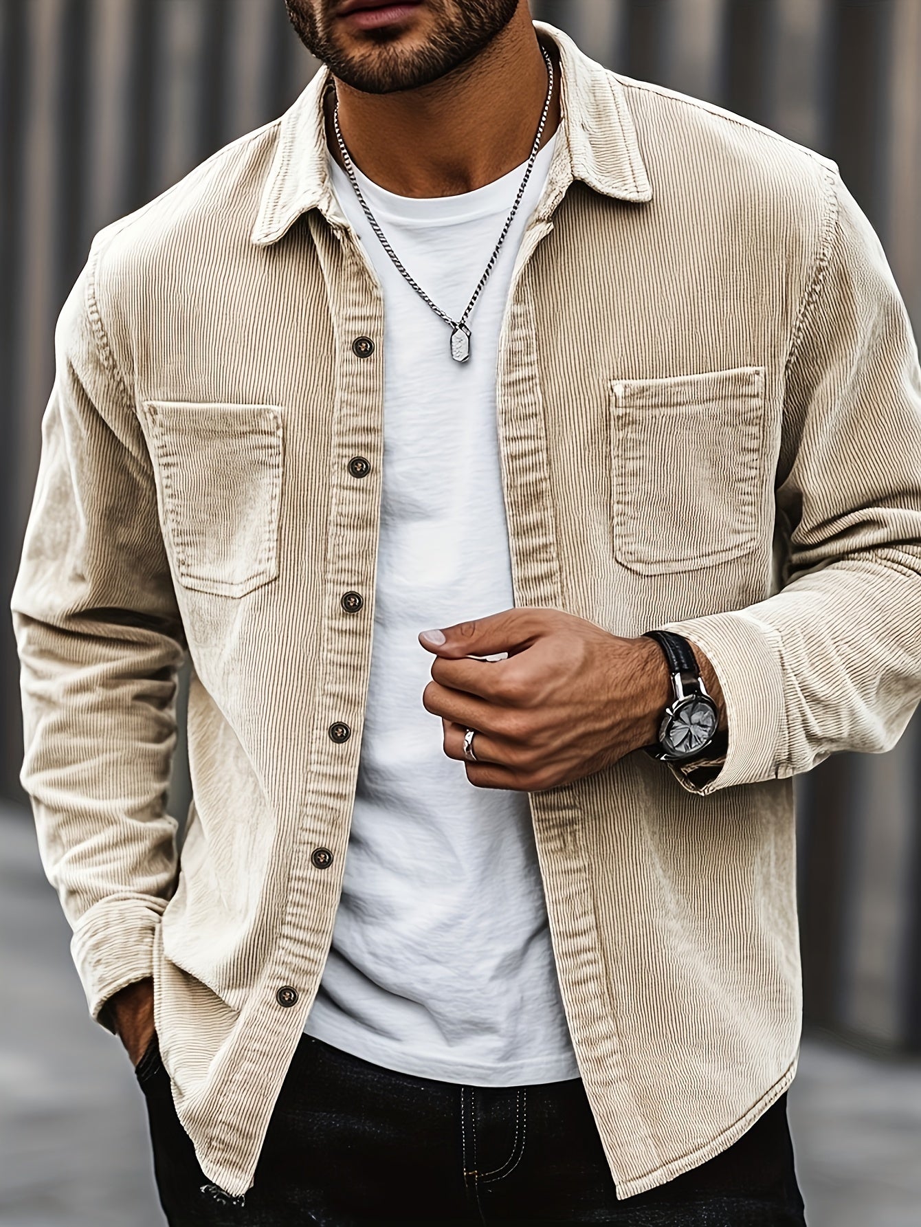 Men's Shirt Jacket Buttons Pockets Textured Transitional