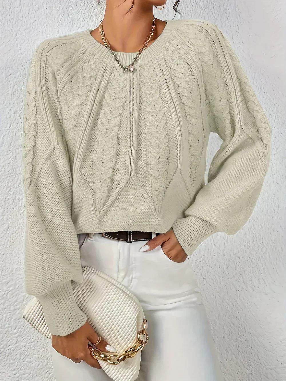 Cable Knit Jumper Relaxed Fit Round Neck Long Sleeve Winter